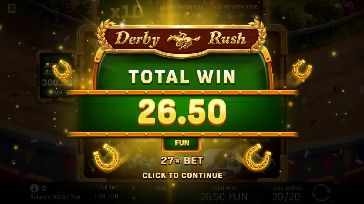 Tampilan layar permainan slot Derby Rush oleh BGaming dengan tema balap kuda mewah.