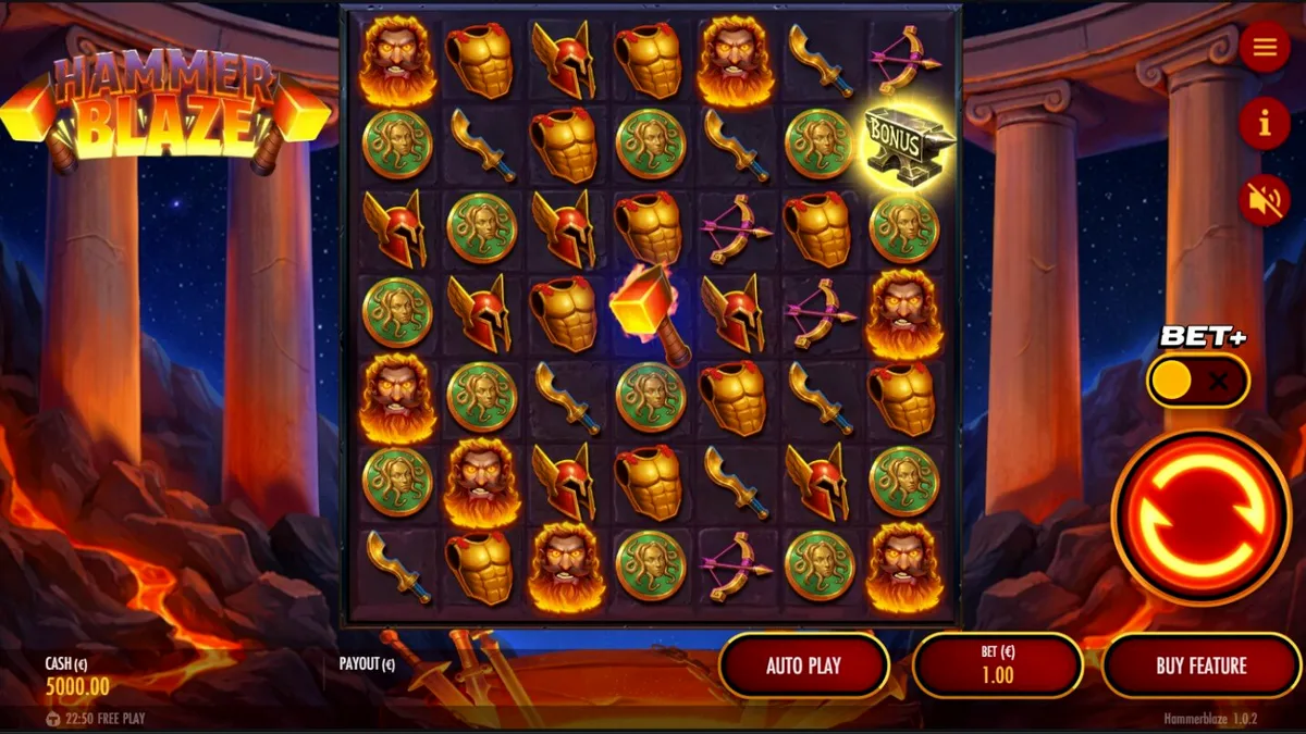 Tampilan visual slot Hammerblaze dengan tema bengkel pandai besi Dewa Hephaestus