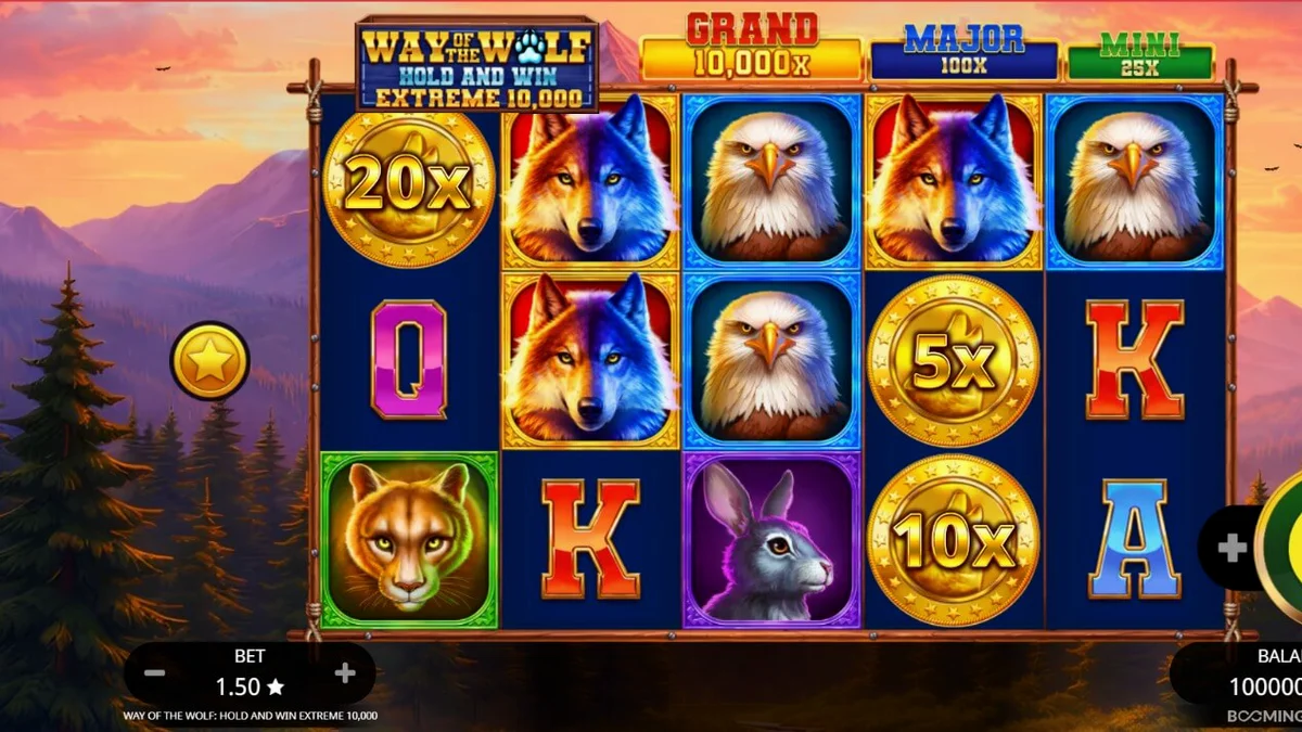 Way of the Wolf Hold and Win Extreme 10,000 slot machine interface featuring wolf imagery and bonus symbols.