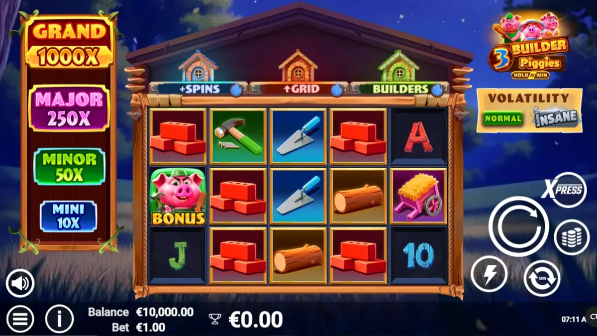 Tampilan visual slot 3 Builder Piggies dengan karakter babi dan serigala